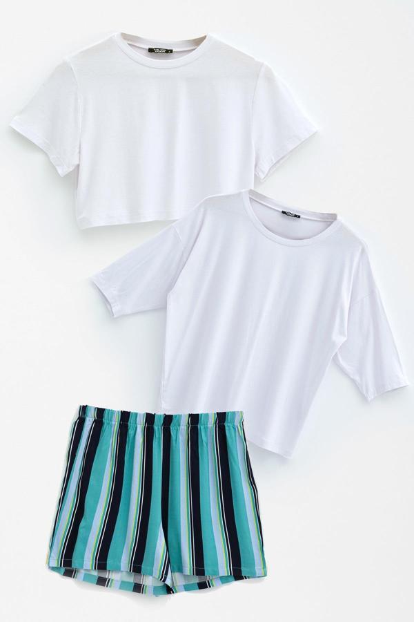 3'lü Crop Kısa  Kol ve Yarasa Kol Tshirt  Şort Takım - Image 1