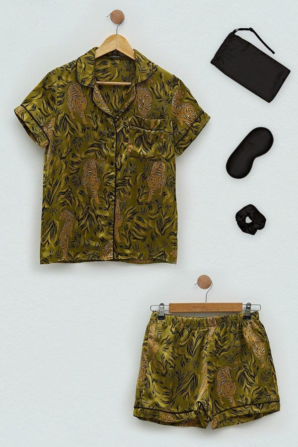 5'li Saten Kaplan Desen Yeşil Pijama Şort Takım - Image 1