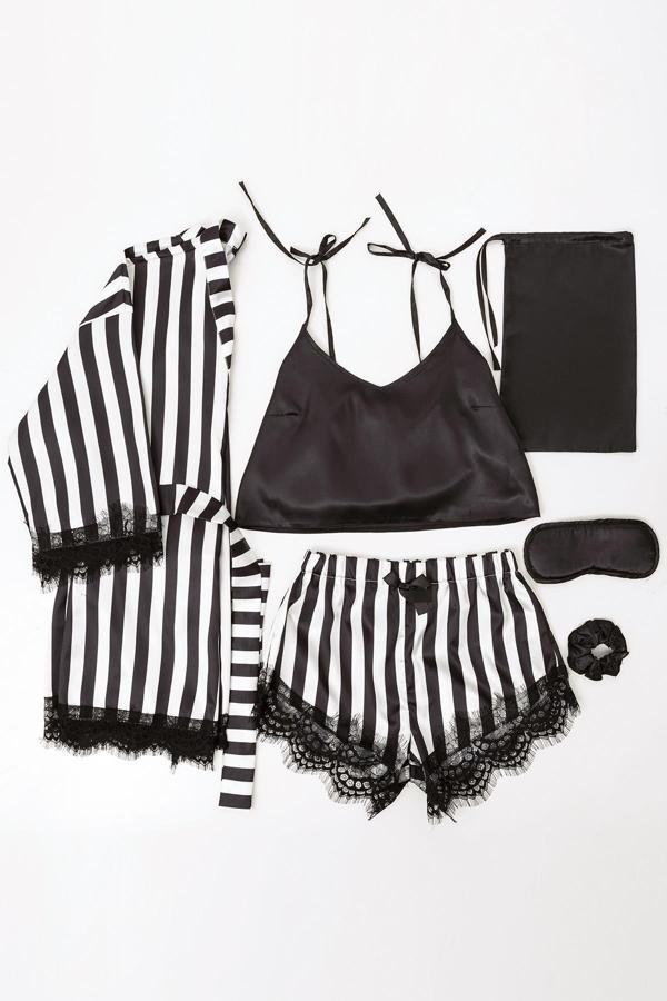 6'lı Siyah-Beyaz Çizgili Saten Atlet Şort Takım - Image 1