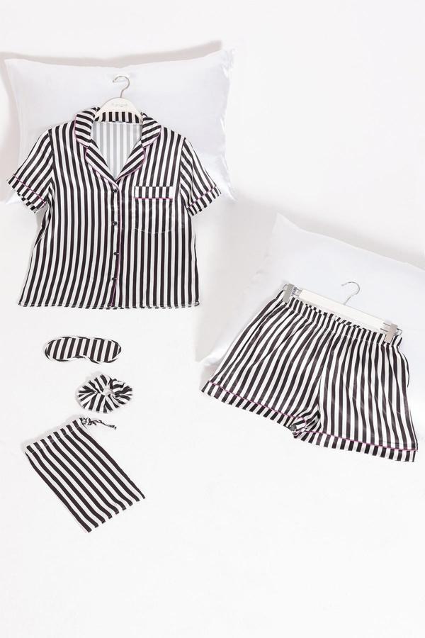 5'li Siyah Beyaz Çizgili Saten Pijama Şort Takım - Image 1