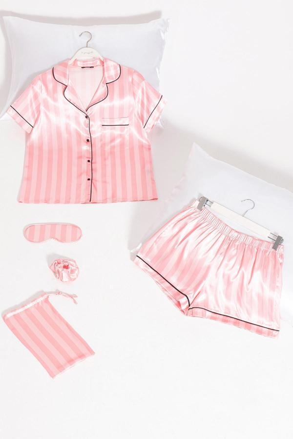 5'li Pembe Fuşya Çizgili Saten Pijama Şort Takım - Image 1