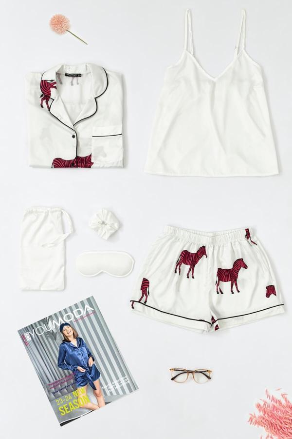 6'lı Zebra Desenli Ekru Saten Pijama Şort Takım - Image 1