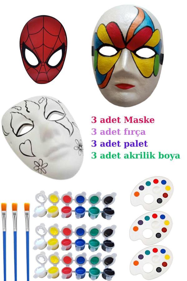 O&S Oyun Ve Sanat Eğlen-Üret 3 Adet Karton Maske Boyama Faaliyeti, Resim Başlangıç Seti, 3Erli Set, Maske Boyama Seti - Image 1