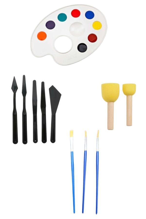 O&S Oyun Ve Sanat Eğlen-Üret 3 Fırça, Resim Paleti, Ponpon Fırça, Yağlı Boya Spatula (Spatül, Pon Pon) - Image 1