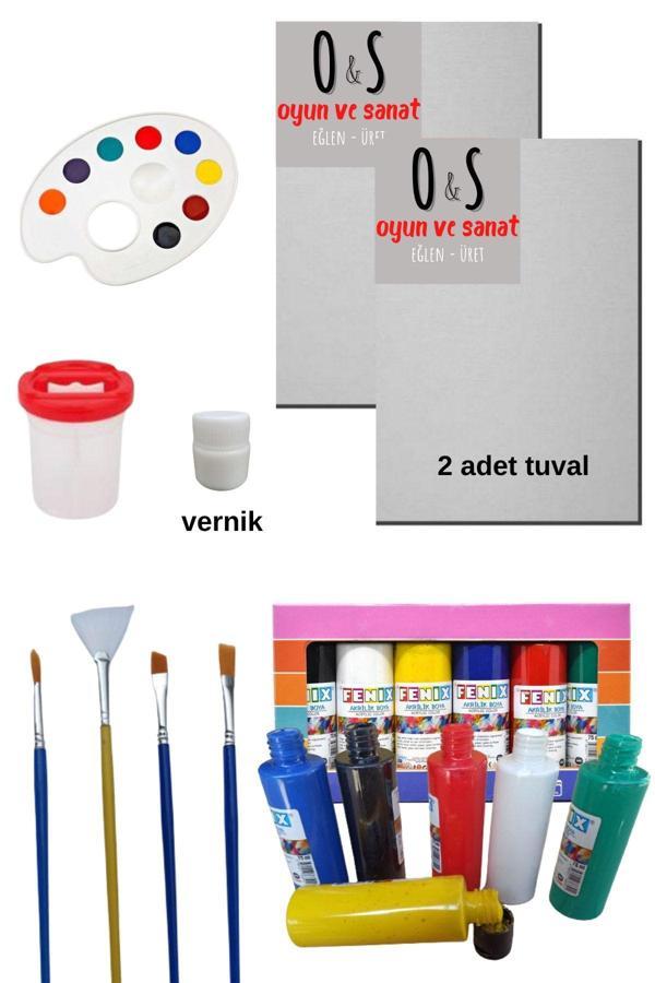 O&S Oyun Ve Sanat Eğlen-Üret Akrilik Boya Seti, 2 Adet Tuval, Fırça, 6'Lı Akrilik Boya, Palet, Su Kabı, Resim Verniği - Image 1