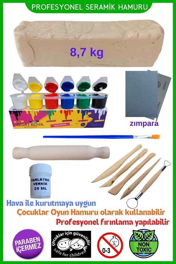O&S Oyun Ve Sanat Eğlen-Üret Beyaz Seramik Hamuru 8,7 Kg, 5Li Ahşap Ebeşuar (Modelaj Seti), Merdane, Doğal Kil Çamuru - Image 1