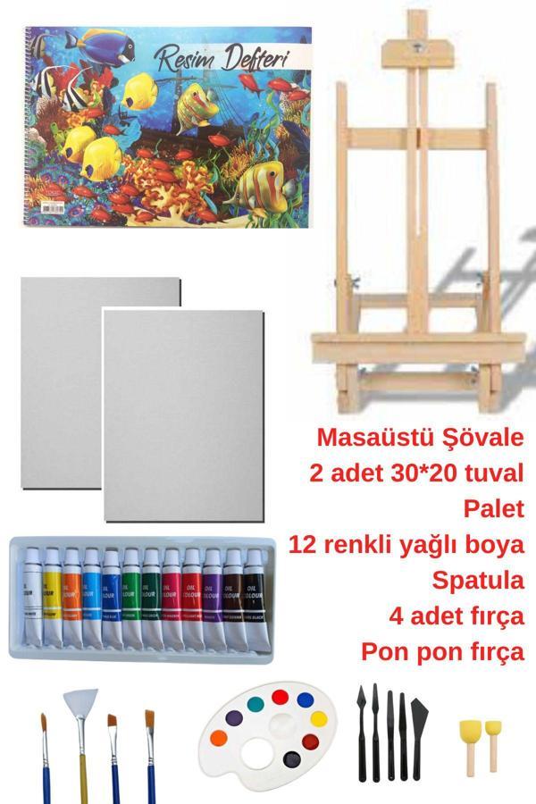 O&S Oyun Ve Sanat Eğlen-Üret Masaüstü Şövale Yağlı Boya Resim Başlangıç Seti, 2 Adet Tuval (Tual Ressam Seti, Şövalye) - Image 1