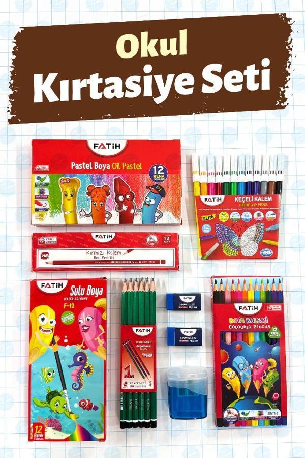 Okul Kırtasiye Seti 1 - Pastel Sulu Kuru Keçeli Kurşun Kalem Silgi Kalemtraş Kırmızı Kalem  - Image 1