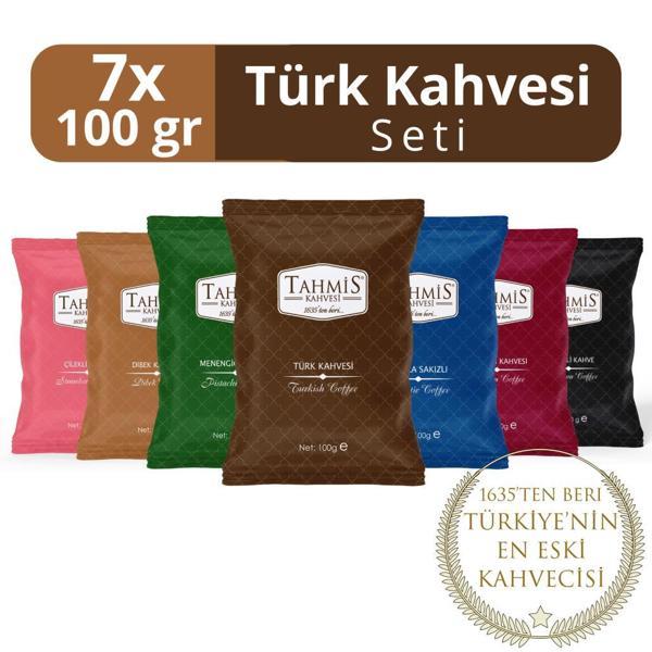 7'li Türk Kahvesi Seti 100 G (Damla Sakızlı-Çilekli-Menengiç-Osmanlı-Dibek-Kakule-Türk) - Image 1