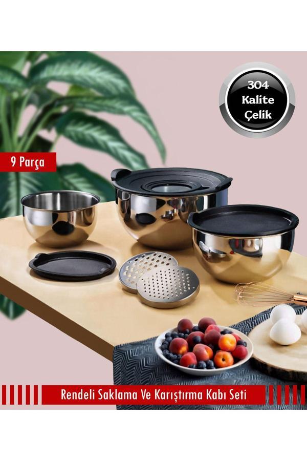 9 Parça Çelik Çok Amaçlı Rendeli Saklama Ve Karıştırma Kabı Seti - Image 1