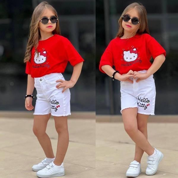 Kız Çocuk  Gabardin Tarz Yazlık Kısa Kol Şort Takım Blyz+Şort Takım 2602 - Image 1
