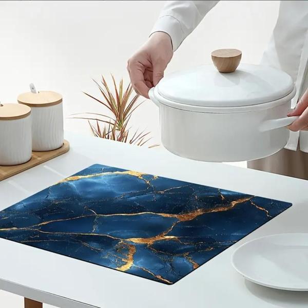 55 CM x 45 CM ALTIN DAMARLI MAVİ MERMER TEMALI TEZGAH ÜSTÜ BULAŞIK KURUTMA MATI BULAŞIKLIK KURUTMA ÖRTÜSÜ - Image 1