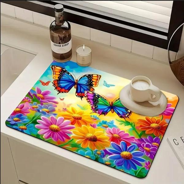 55 CM x 45 CM GÖKKUŞAĞI KELEBEK ÇİÇEK TASARIMI TEZGAH ÜSTÜ BULAŞIK KURUTMA MATI BULAŞIKLIK KURUTMA ÖRTÜSÜ - Image 1