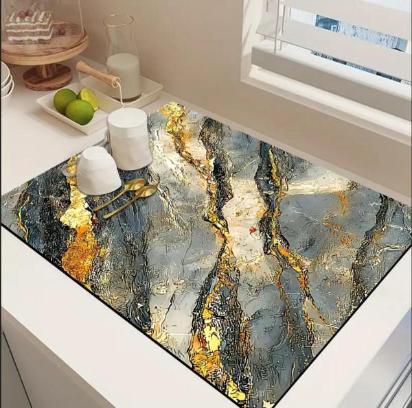 55 CM x 45 CM GRİ ALTIN MERMER TASARIMI TEZGAH ÜSTÜ BULAŞIK KURUTMA MATI BULAŞIKLIK KURUTMA ÖRTÜSÜ - Image 1