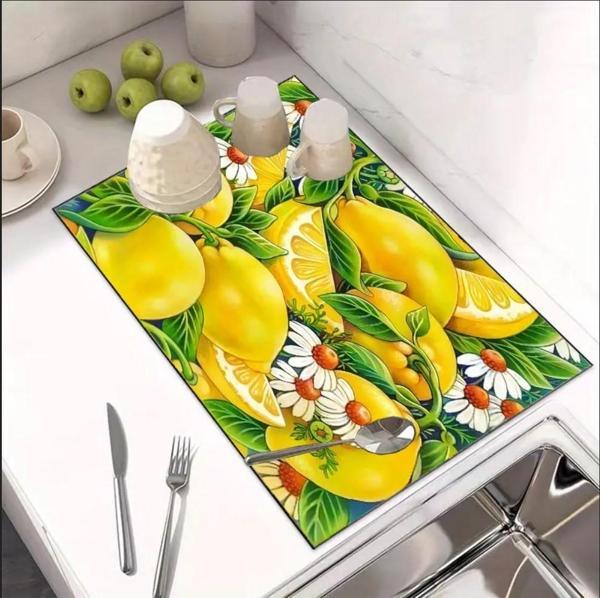 55 CM x 45 CM LİMON ÇİÇEĞİ TASARIMI TEZGAH ÜSTÜ BULAŞIK KURUTMA MATI BULAŞIKLIK KURUTMA ÖRTÜSÜ - Image 1