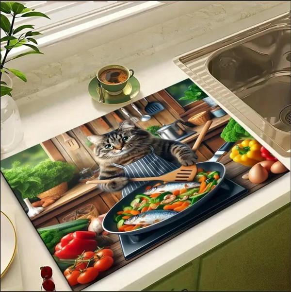 55 CM x 45 CM KEDİ ŞEF TASARIMI TEZGAH ÜSTÜ BULAŞIK KURUTMA MATI BULAŞIKLIK KURUTMA ÖRTÜSÜ - Image 1