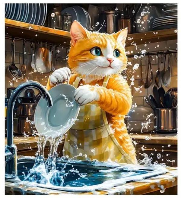 55 CM x 45 CM BULAŞIKCI KEDİ TASARIMI TEZGAH ÜSTÜ BULAŞIK KURUTMA MATI BULAŞIKLIK KURUTMA ÖRTÜSÜ - Image 1