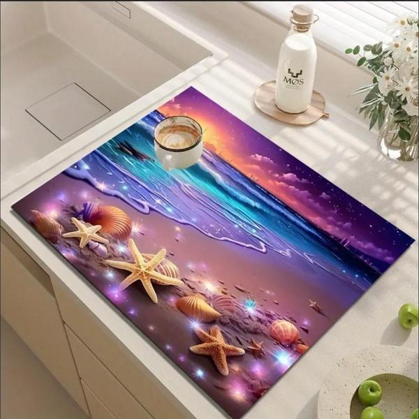 55 CM x 45 CM OKYANUS ESİNTİSİ TASARIMI TEZGAH ÜSTÜ BULAŞIK KURUTMA MATI BULAŞIKLIK KURUTMA ÖRTÜSÜ - Image 1