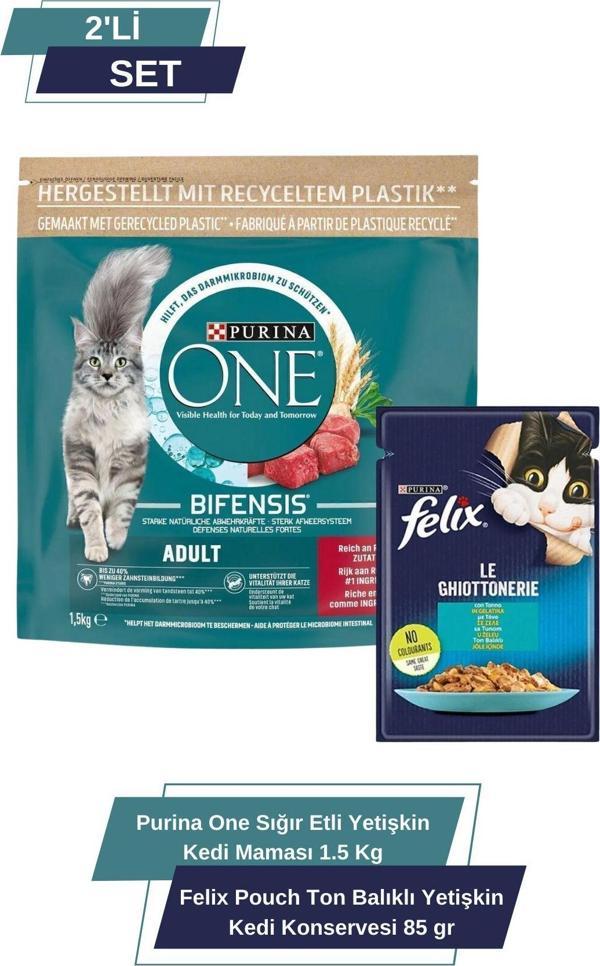 Pro Plan Purina One Sığır Etli Yetişkin Kedi Maması 1.5 Kg & Felix Pouch Ton Balıklı Yetişkin Kedi Konservesi - Image 1