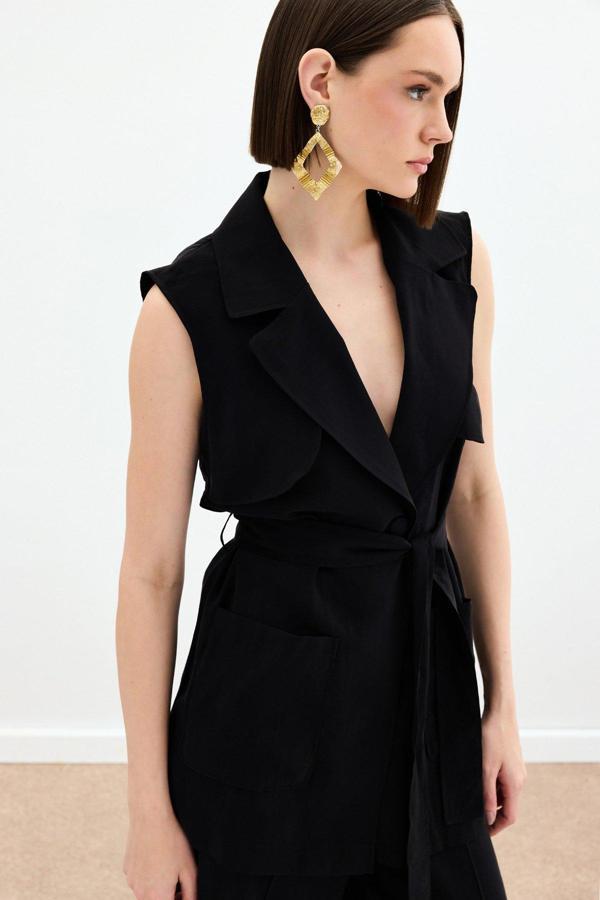 Kuşaklı Uzun Yelek - Siyah - Image 1