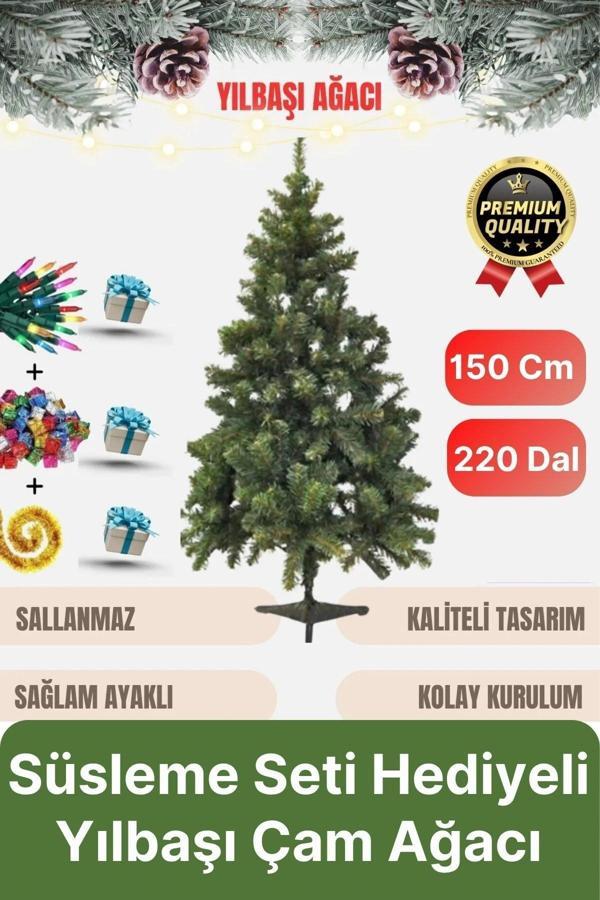 Premium Kalite Yeni Yıl Süsleme Seti Renkli Işık Hediye Yılbaşı Çam Ağacı Noel Paketi 150 Cm 220 Dal - Image 1