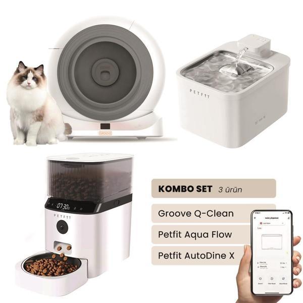Petfit Groove Q-Clean Akıllı Otomatik Kedi Tuvaleti Gri+ Aqua Flow Akıllı Su Pınarı+ Autodine X Mama Kabı - Image 1