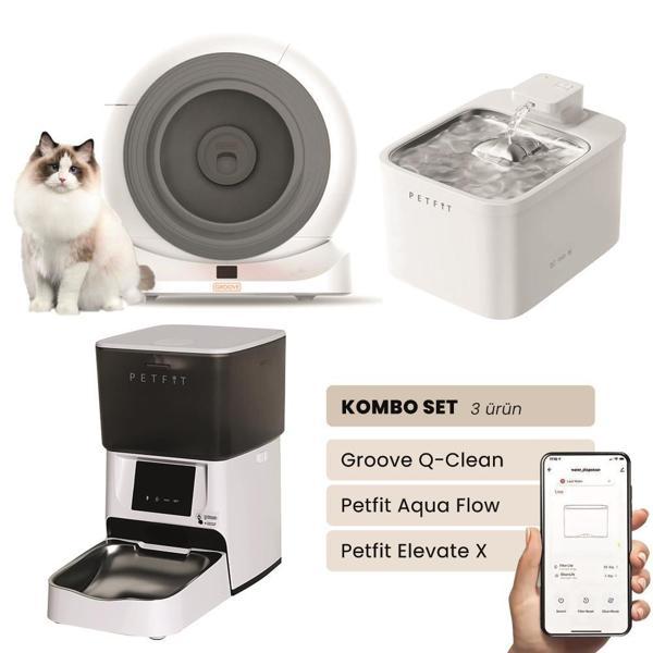 Petfit Groove Q-Clean Akıllı Otomatik Kedi Tuvaleti Gri+ Aqua Flow Akıllı Su Pınarı+ Elevate X Mama Kabı - Image 1
