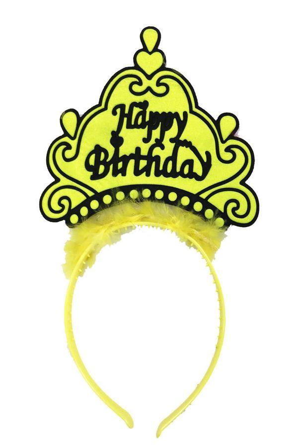Büro Ev Ofis Etkinlik Gösteri Kostüm Tacı için 24x15CM Sarı Happy Birthday Yazılı Neon Taç - Image 1