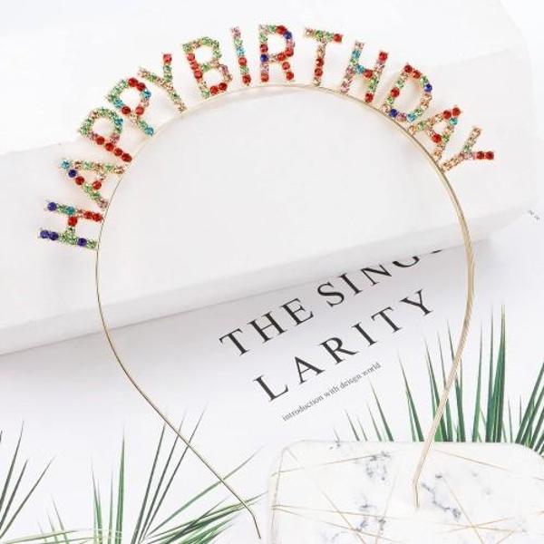 Büro Ev Ofis Etkinlik Gösteri Kostüm Tacı için Alaca Kristal Taşlı Lüks Happy Birthday Taçı - Image 1