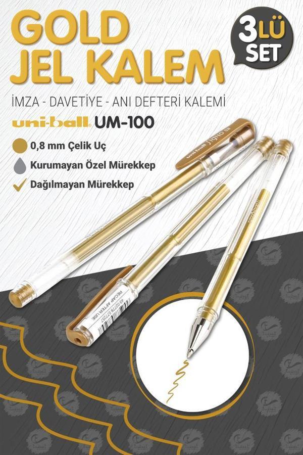 Uni-Ball Um-100 Signo Fine Roller Kalem  GOLD 3 Adet 0.8 mm Davetiye Kalemi /Gold Yazan Davetiye Anı Defteri Kalemi / İm - Image 1