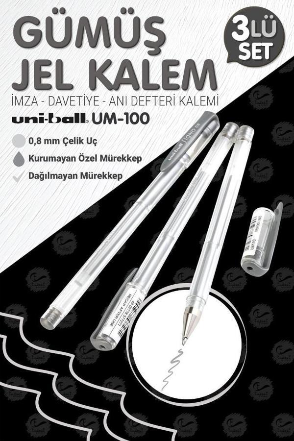 Uni-Ball Um-100 Signo Fine Roller Kalem  GÜMÜŞ 3 Adet 0.8 mm Davetiye Kalemi / Davetiye Anı Defteri Kalemi / İmza Kalemi - Image 1