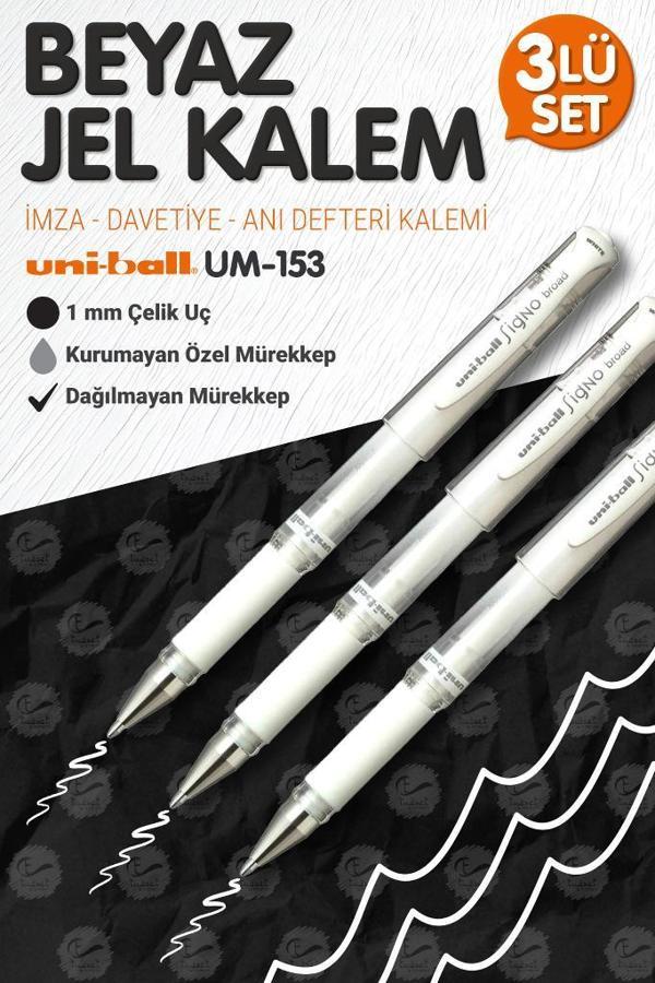 Uni-Ball Um-153 Signo Broad Roller Kalem  BEYAZ 3 Adet1.0 mm Davetiye Kalemi /Beyaz Yazan Davetiye Anı Defteri Kalemi /  - Image 1