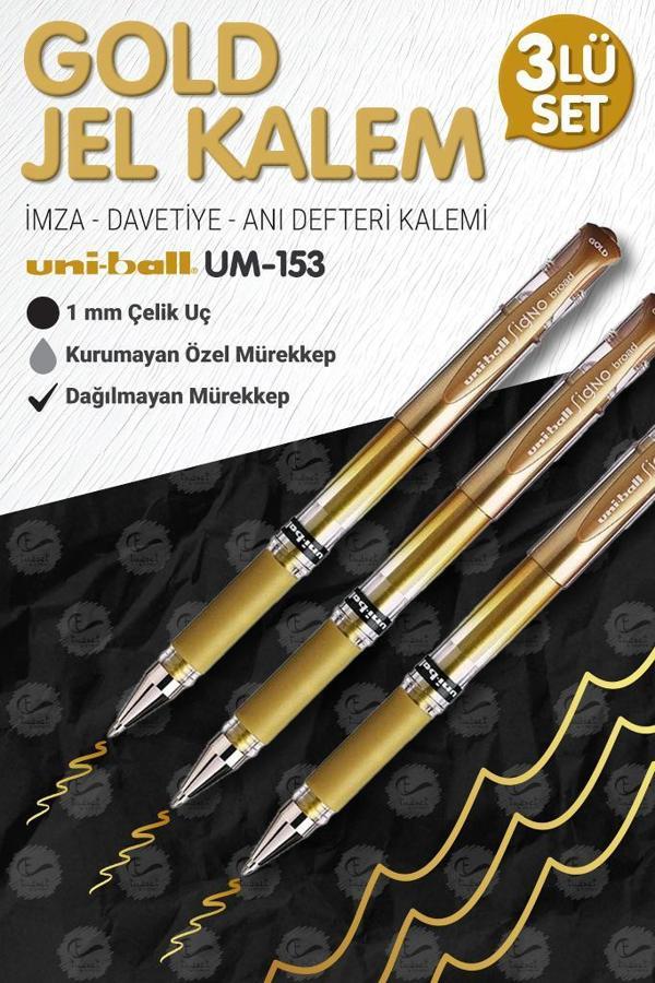Uni-Ball Um-153 Signo Broad Roller Kalem  GOLD 3 Adet 1.0 mm Davetiye Kalemi /Gold Yazan Davetiye Anı Defteri Kalemi / İ - Image 1