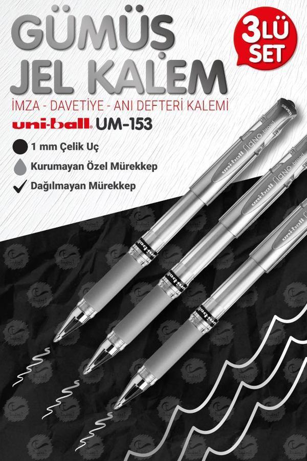 Uni-Ball Um-153 Signo Broad Roller Kalem GÜMÜŞ 3 Adet 1.0 mm Davetiye Kalemi /Gümüş Yazan Davetiye Anı Defteri Kalemi /  - Image 1