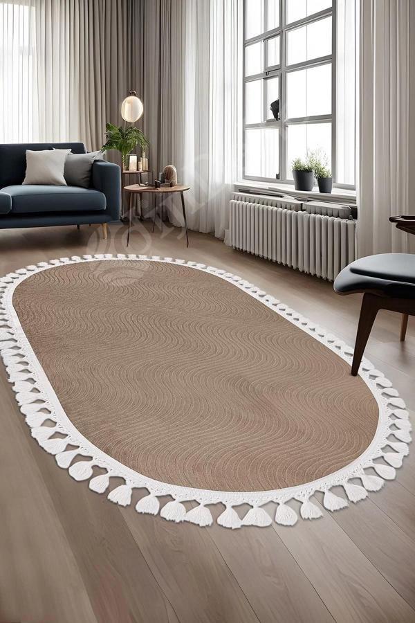 Halı Cool Kahverengi Sahra Desenli Saçaklı Oval Kesme Yolluk Kilim Salon Halısı Modelleri - Image 1
