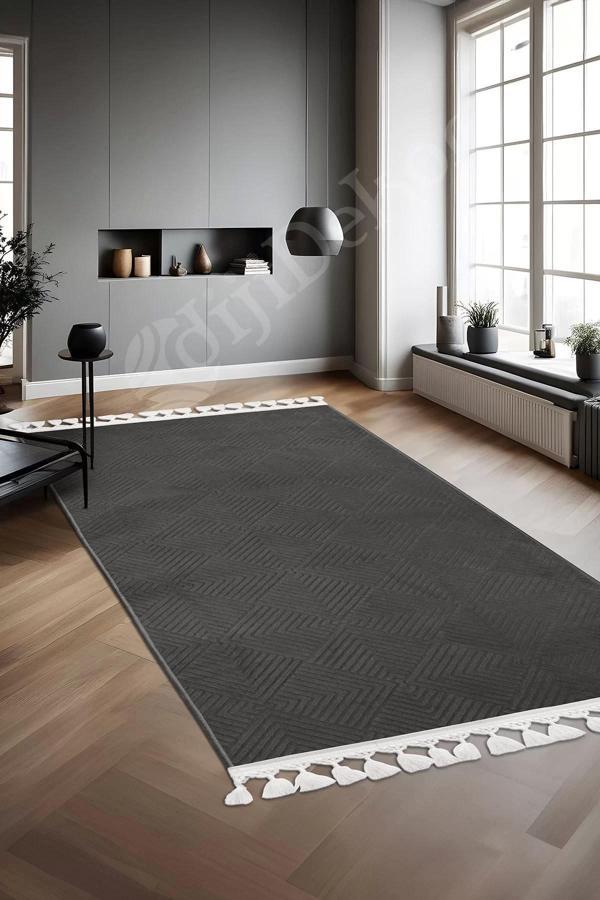 Halı Cool Antrasit Pramit Kaymaz Yıkanabilir Saçaklı Yolluk Kilim Salon Halısı Modelleri - Image 1