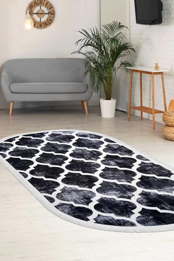 Halı Siyah Maça Yıkanabilir Saçaklı Oval Kesme Ince Yolluk Kilim Salon Halısı Modelleri - Image 1