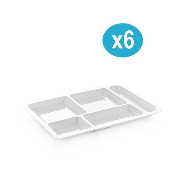 Omnipazar SY-5120 6 Adet Beyaz Kırılmaz Tabldot Tabak Tepsi 5 Bölmeli - Image 1
