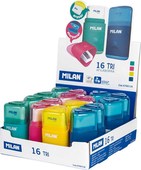 MILAN 4700116 TRI Kalemtıraş/SİLGİ(ACID) - 16ADET - Image 1
