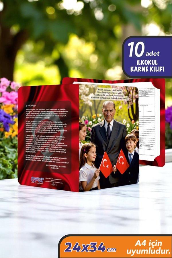 10 Adet Mustafa Kemal Atatürk ve Gençliğe Hitabe Yazılı A4 İlkokul Karne Kılıfı Karne Süsleme 24x34 - Image 1