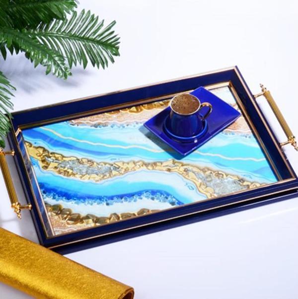 Kosova La-211 Kulplu Lüx Dikdörtgen Tepsi 50 x 31 Cm Lacivert - Image 1