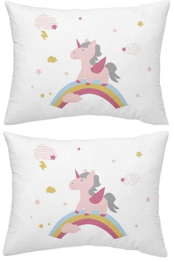 Makiteks %100 Pamuklu Unicorn Atlar Gökkuşağı 2 Adet 50X70 Yastık Kılıfı Pembe Beyaz - Image 1