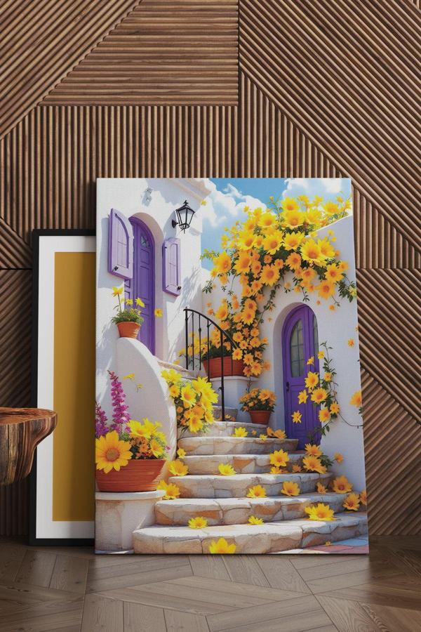 Çiçekli Beyaz Ev Kanvas Tablo - Image 1