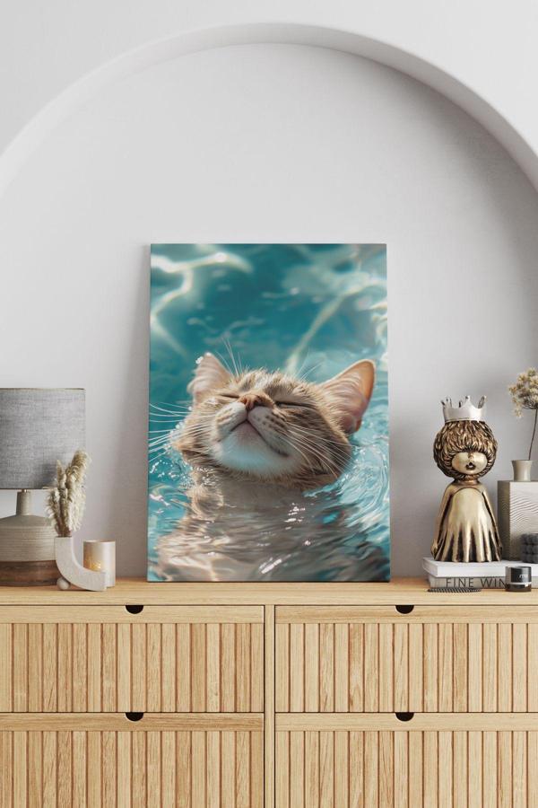 Yüzen Sevimli Kedi Kanvas Tablo - Image 1