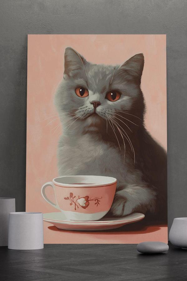 Kahve İçen Kedi Kanvas Tablo - Image 1