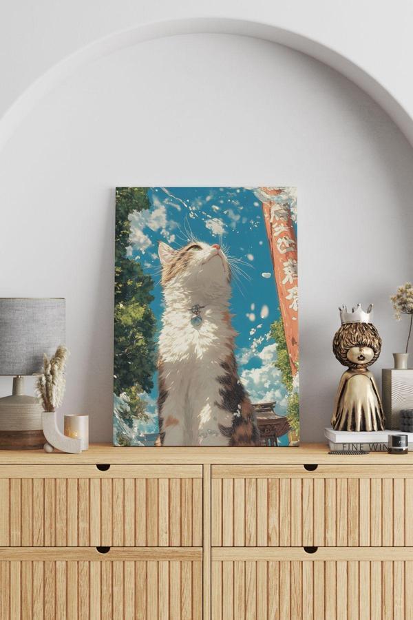 Mavi Boncuk Tasmalı Kedi Kanvas Tablo - Image 1