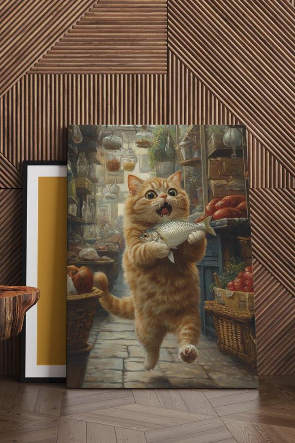 Balık Kaçıran Kedi Kanvas Tablo - Image 1