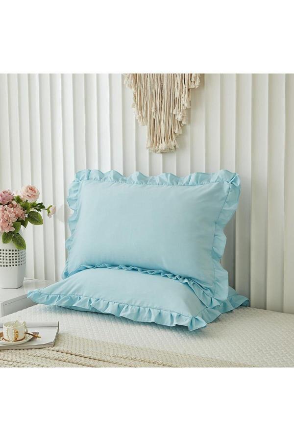 Maki Home Yüzde Yüz Pamuklu Açık Mavi Fırfırlı İki Adet 50X70 Yastık Kılıfı Seti - Image 1