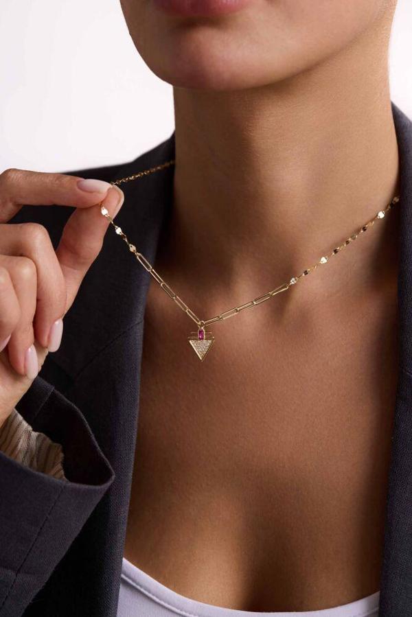 14 Ayar Altın Aura Ruby Kolye İtaly Aynalı ve Ataç Zİncirli - Image 1