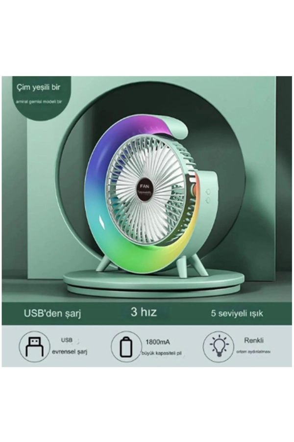Masaüstü Vantilatör Usb Şarjlı Rgb Led Işıklı 3 Kademeli 180° Ayarlanabilir Soğutucu Fan Yeşil - Image 1